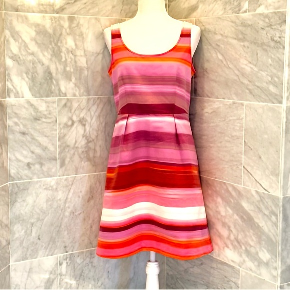 Loft Pink Multi-color Stripe Ribbed Satin Pocket Tea Dress size 8 - Picture 4 of 9